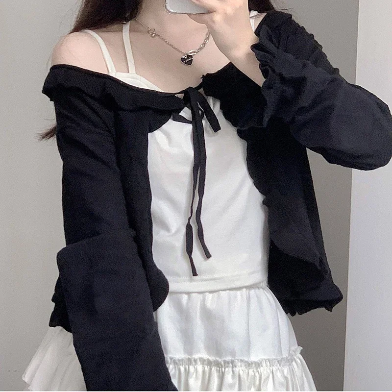 Cute Knitted Cardigan Women Heart Hollow Out Ruched Lacing Long Sleeve Sweater for Sweet Girl Kawaii Clothes