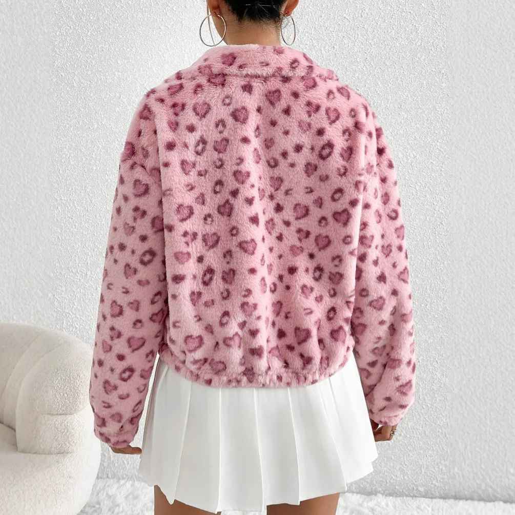 Women's Oversized Shiny Fleece Jacket Full Zip Leopard Heart Print Long Sleeve Y2K Inspired Autumn Winter Plush Coat Gift Ready