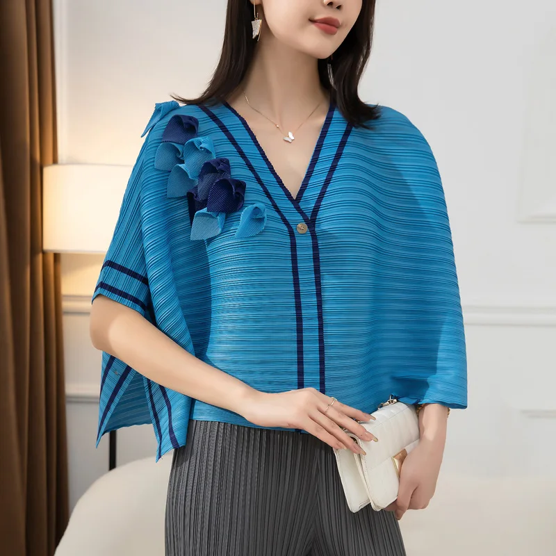 

miyake pleated v-neck casual fashion loose thin tops 2022 autumn blue half vintage tops