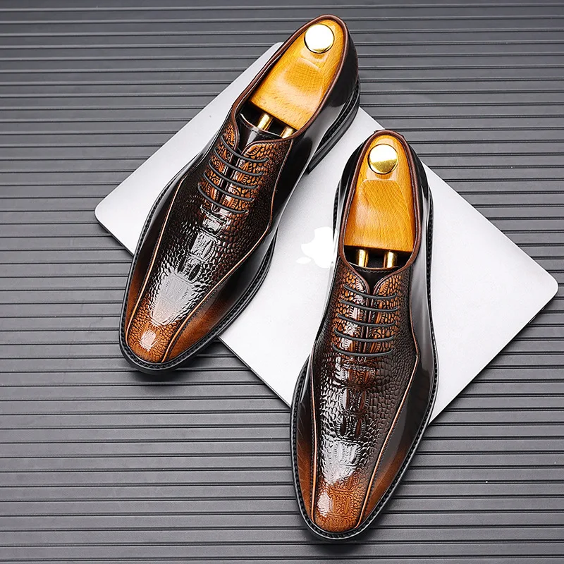 

Premium Genuine Leather Men's Brown Gradient Oxfords Crocodile Embossed Upper Lace-Up Dress Shoes for Office & Business Meetings