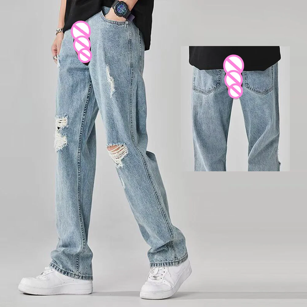 Invisible ouvert entrejambe sexe en plein air mâle jean pantalon nouvel été déchiré jean cylindre droit bébé bleu exoticisme décontracté Denim