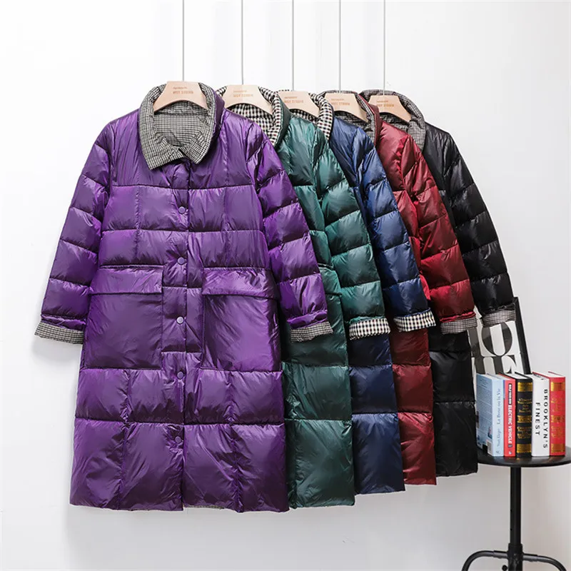 

Reversible Down Coat 2022 Autumn Winter Women Warm Thicken White Duck Down Jacket Ladies Slim Long Plaid Puffer Parkas Outwears