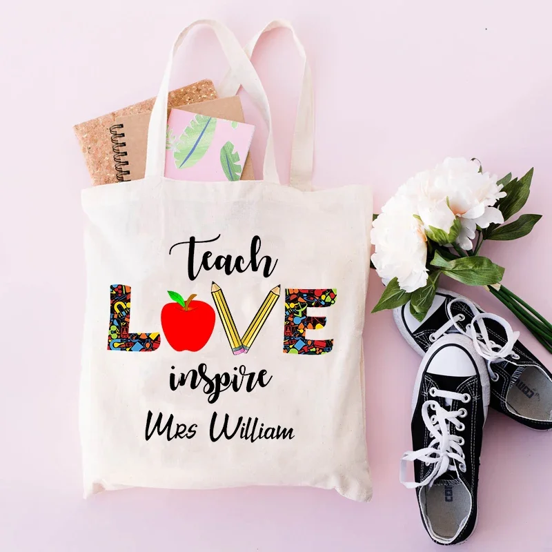 Personalised Rainbow Shopping Bag Eco Harajuku Aesthetic School BagsTeacher Gifts Teacher Shoulder Bag Custom Name Women Canvas