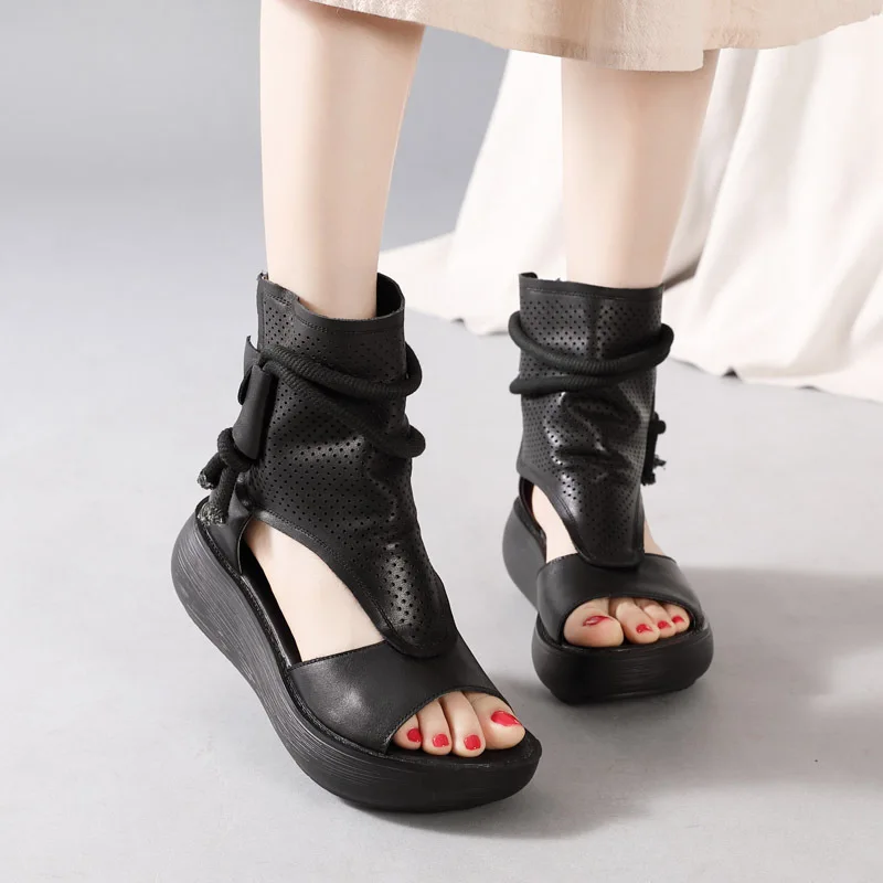 New Handmade Genuine Leather High-Top Roman Sandals Top Layer Cowhide Platform High Heel Hollow String Summer Ankle Boots