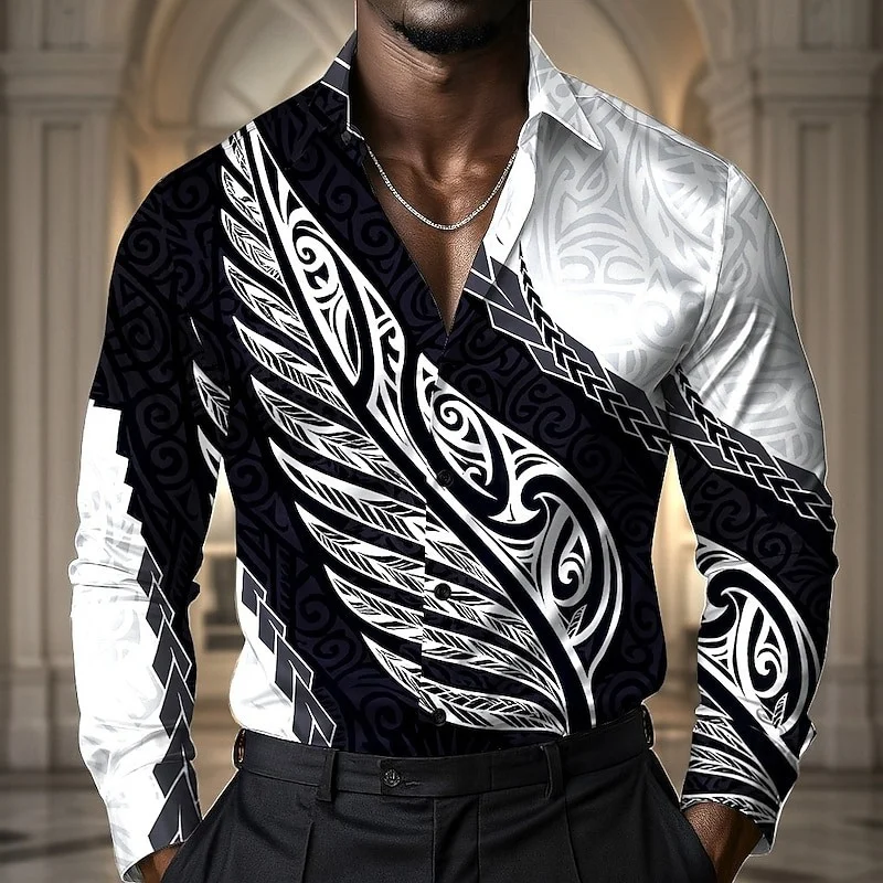 

Vintage 3D Leaf Print Pattern Long Sleeve Shirt Men's Long Sleeve Button Collar Casual Shirt Fashionable Men's Shirt