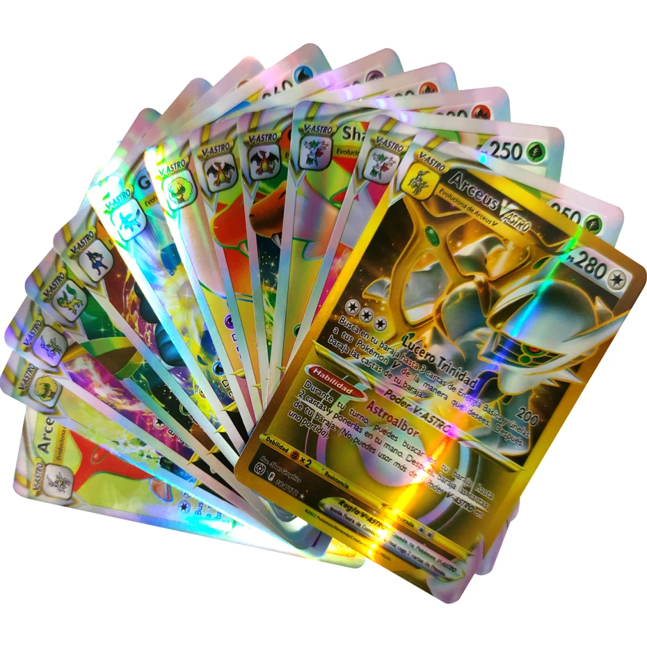 Cartas de Pokémon en Español con letras Vstar VMAX, juego de cartas holográficas brillantes, entrenador, último modelo, 2024