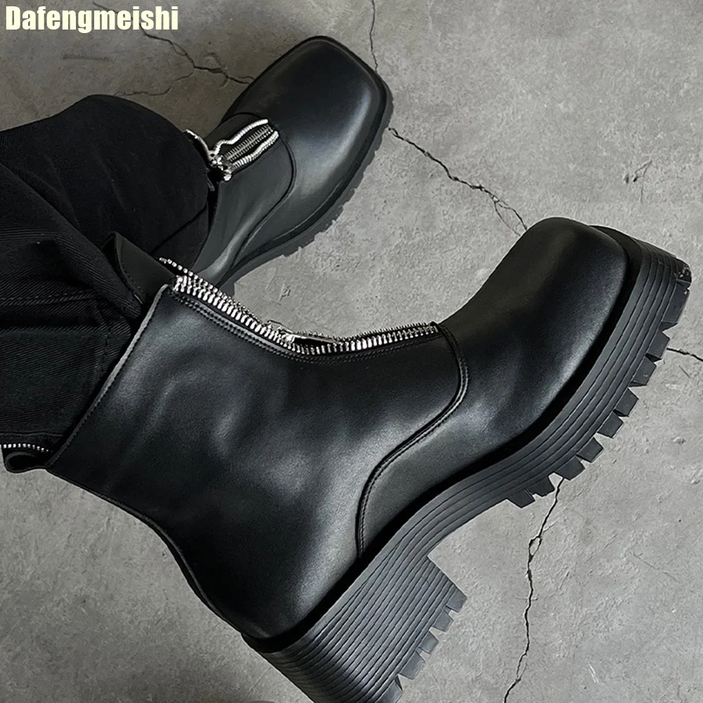 Black Unisex British Style Square Toe Motorcycle Boots 2025 New Mid-Cut Zipper Chelsea Boots Korean Style Fashion Short Boots