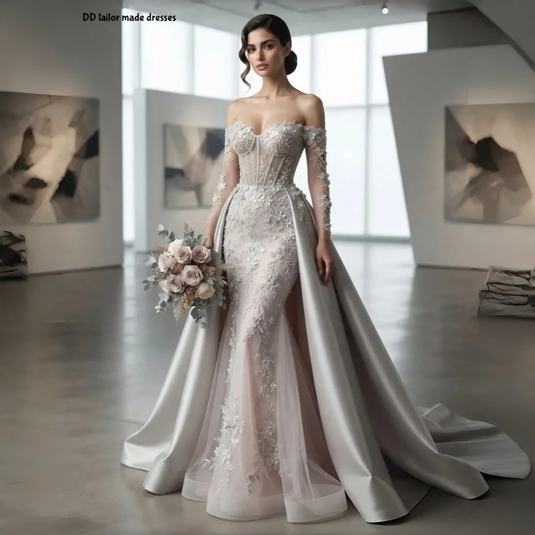 Classic Silver Mermaid Wedding Dress Long Lace Sleeve Corset Lace Appliques Blush Pink Tulle Bridal Gown Customized