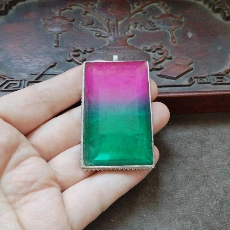 

Collectible Patina Old Silver Inlaid Two-Tone Tourmaline Fortune And Longevity Auspicious Large Pendant