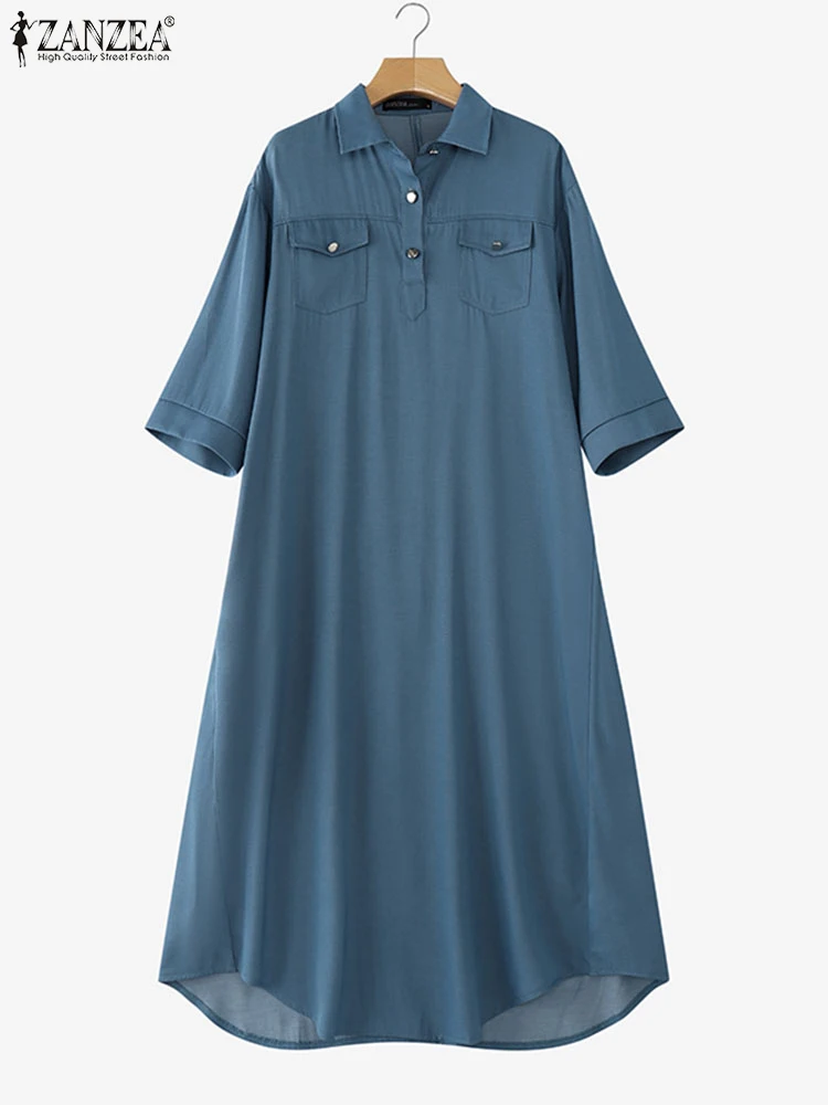 ZANZEA 패션 용수철 데님 블루 선드레스 여성용, 2025 여름 원피스 캐주얼 3/4 소매, 헐렁한 작업 베스티도, 카프탄 맥시 롱 원피스