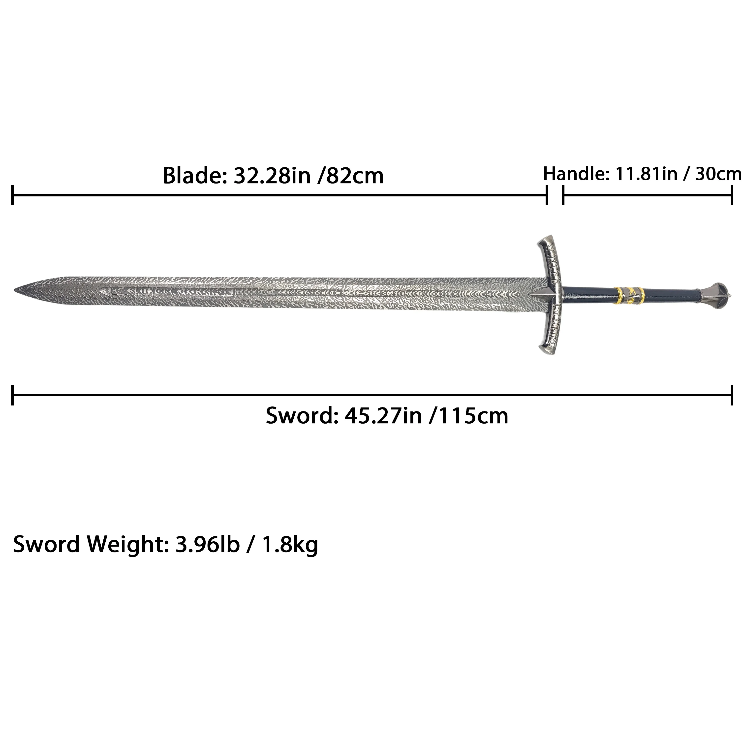 Medieval Northern Wolf Decorative Greatsword, Damascus Pattern Blade with Wall Mount Plaque, Cosplay Prop Collectible Gift