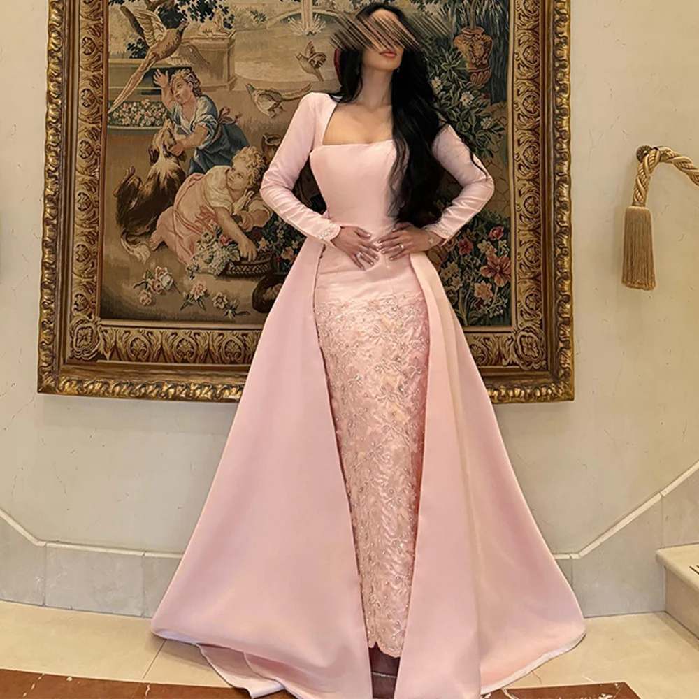 

Elegant Pink Satin Evening Dress Customized Square Collar Long Sleeves Party Gowns Panel Train Crystal Beading Prom Dresses