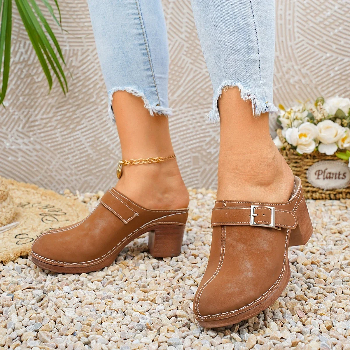 Damen Mules Pantoletten mit hohem Blockabsatz, geschlossene Zehenpartie, zum Hineinschlüpfen, Vintage, Sommer, lässig, bequeme Gehschuhe, Größe 36-43 – Detail 10