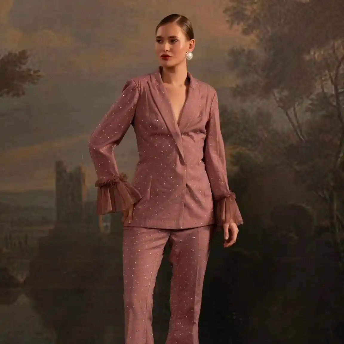 Beads Women Blazer Sets Customized 2 Pieces Double Breasted Jacket Set Ladies Pants Suits Formal Wedding Guest Wear