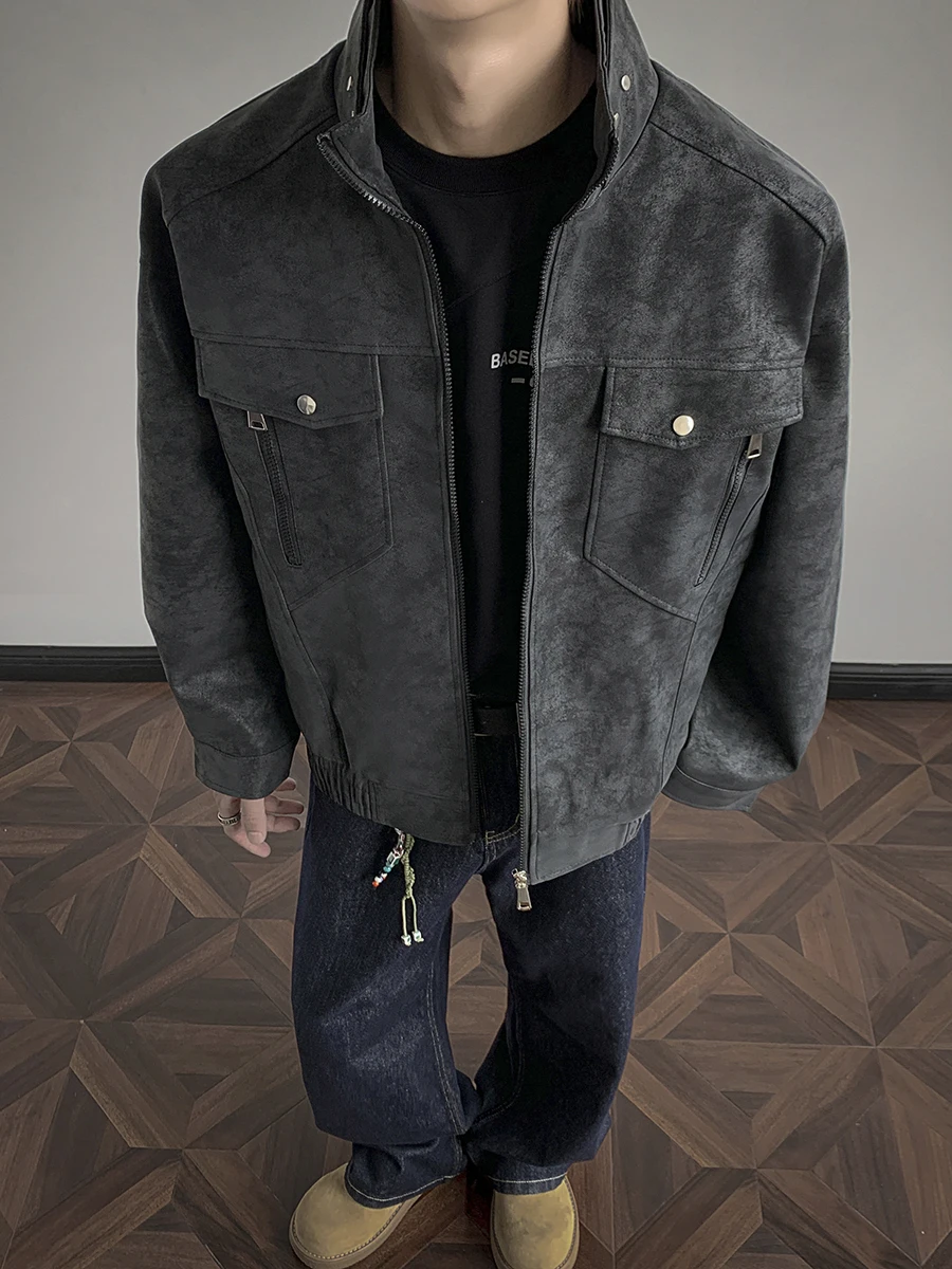 

Casual Dyed PU Leather Jaet Men's Autumn Faion Brand Motorcycle Coat High Street Sle Workwear Zipper Closure Long Sve