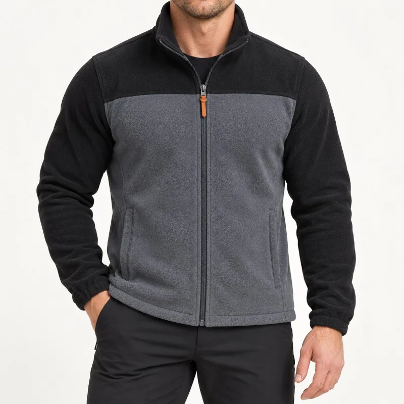Men's Fleece Jacket Full Zip Stand Collar Color Block Long Sleeve Side Hand Pockets Warm Casual Outerwear Plus Size M-9XL
