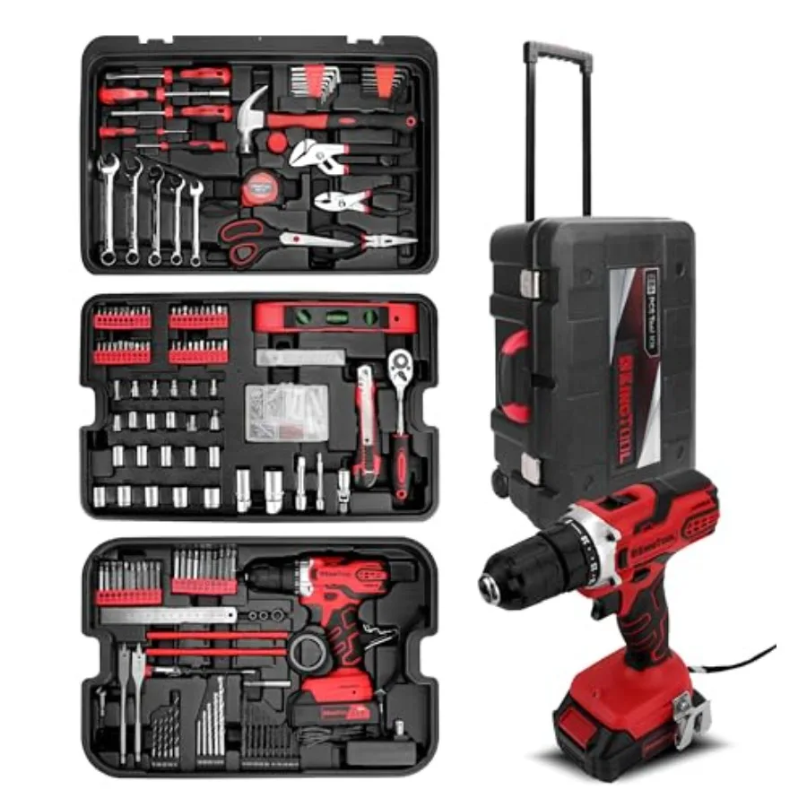 

KINGTOOL Home Tool Set Kit 286 PCS with Rolling Tool Box and 21V Max Cordless Power Drill for Home Auto Repair Perfect for Home