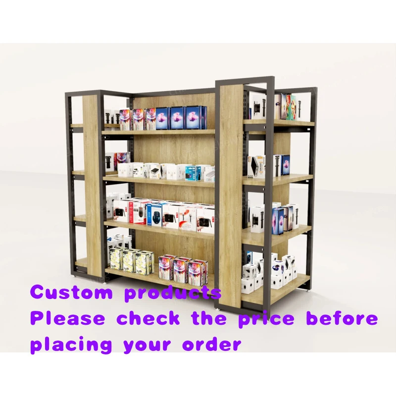 custom.Customized Wood & Metal Double-sided Light Duty Supermarket Accessories Display Shelf Mobile Phone Digital Hanging
