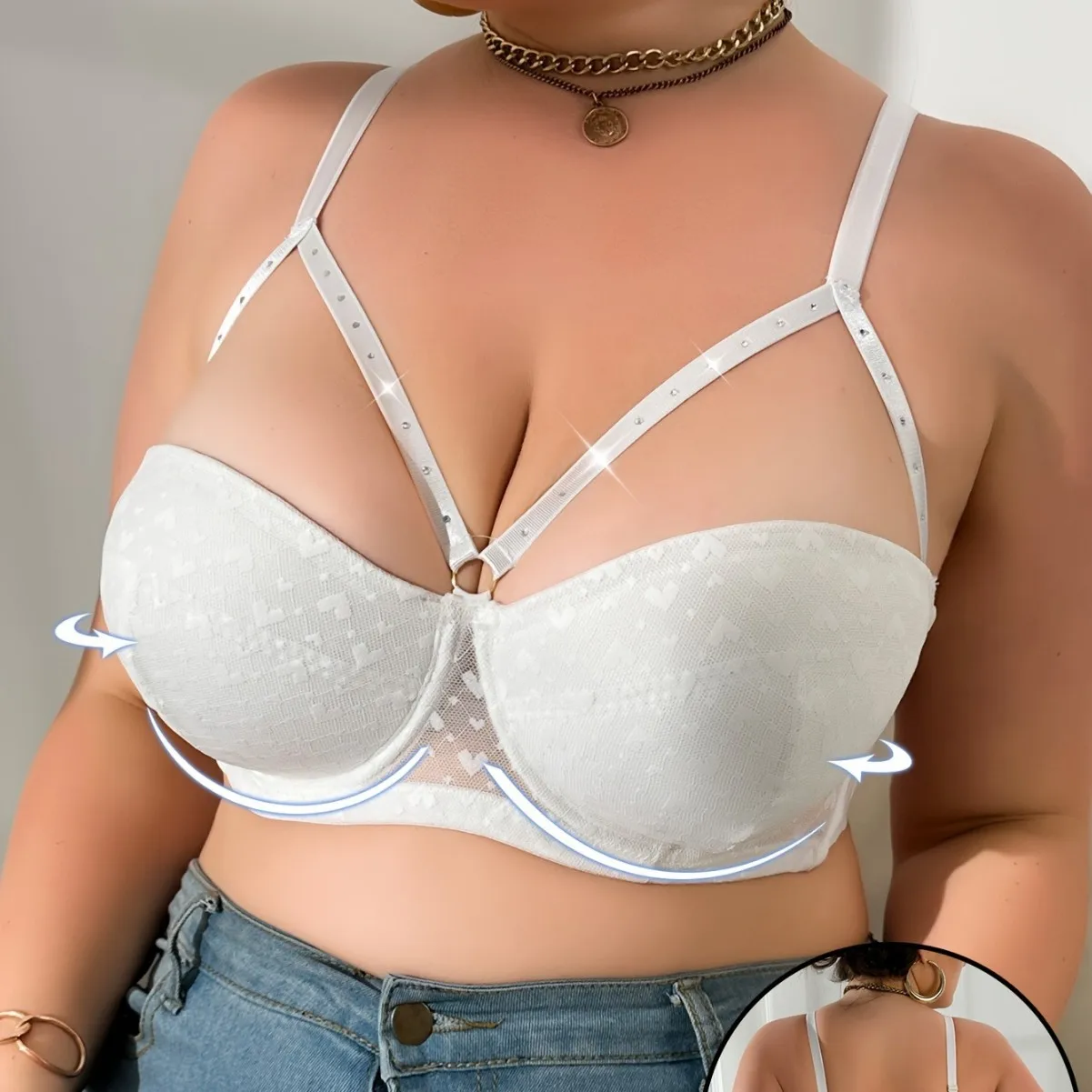 Large Size Sexy Hollow Flash Diamond Lace Up Bra for Women Soft Underwire Gathering Lifting Non-empty Cup Lingerie