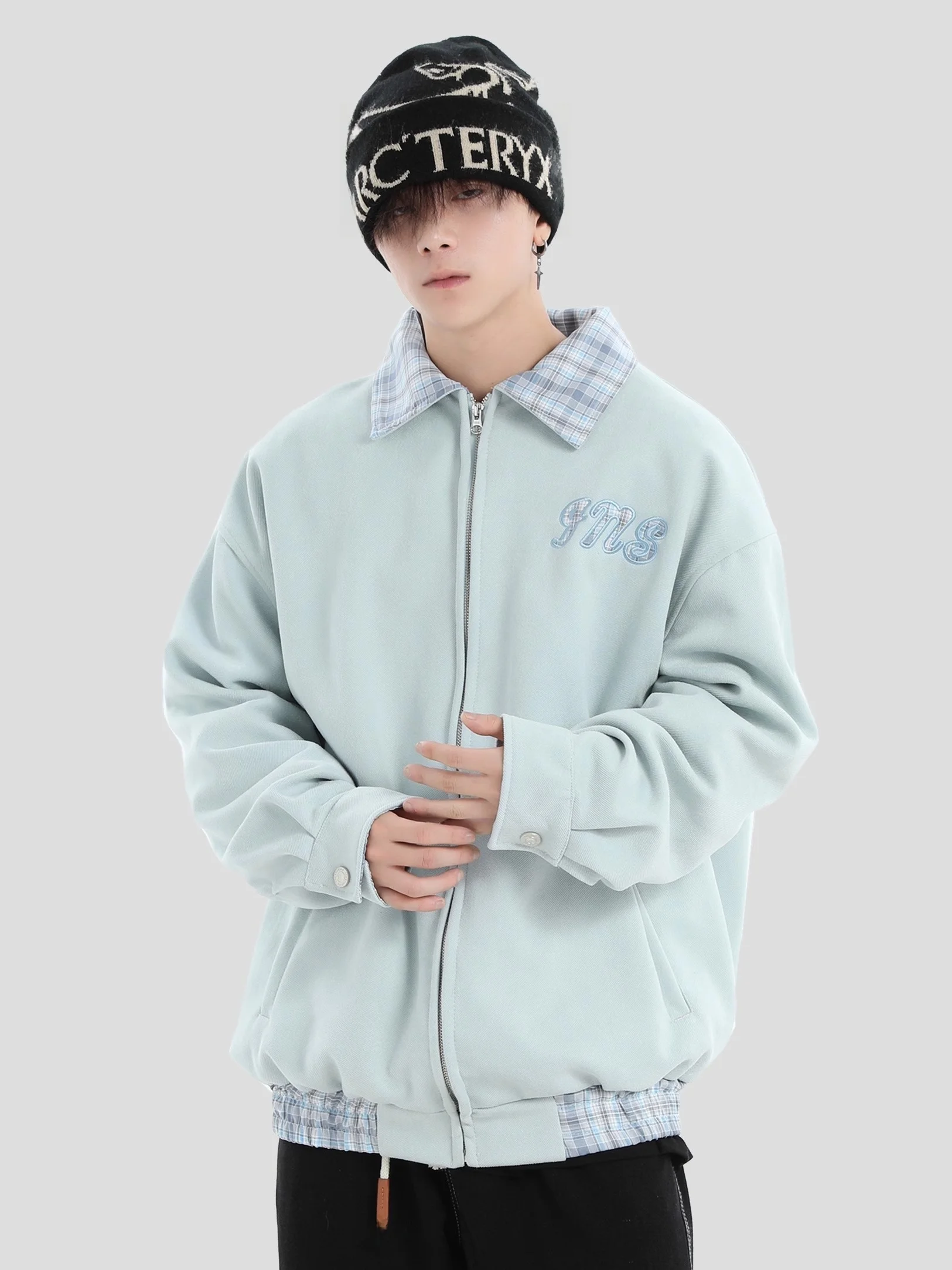 

INSstudios American Plaid Loose Fit Couple's Jacket Fake Two-Piece Outerwear with Stand Collar for Youth Spring Autumn Winter