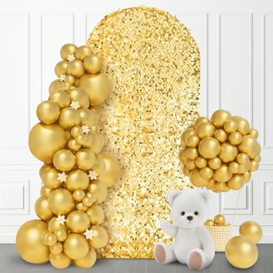 

7,2-футовый блестящий арочный фон с золотыми блестками, чехол-подставка для свадебной арки, круглый верх, приталенный фон Chiara для церемонии дня рождения