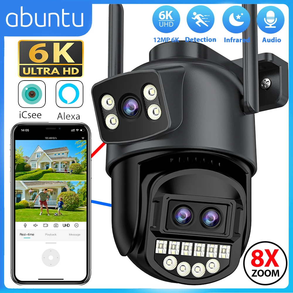 ICSEE 12MP 6K PTZ Wifi Camera 8X Digital Zoom Three Lens Dual Screens Outdoor Surveillance Camera Night Vision Security Camera