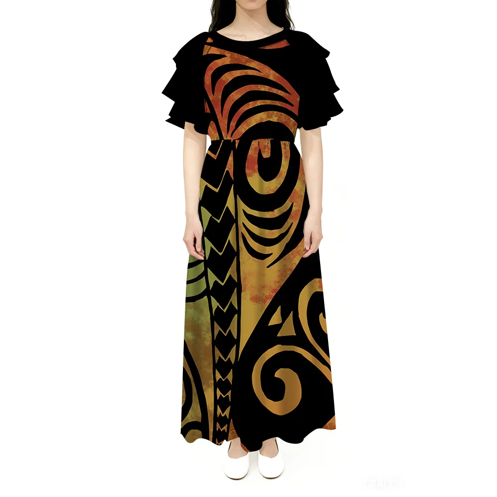 

Custom-Made Long Polynesian Dress With Lotus Leaf Sleeves Round Neck Cinched Waist And Loose Design Made Of Casual Soft Fabric