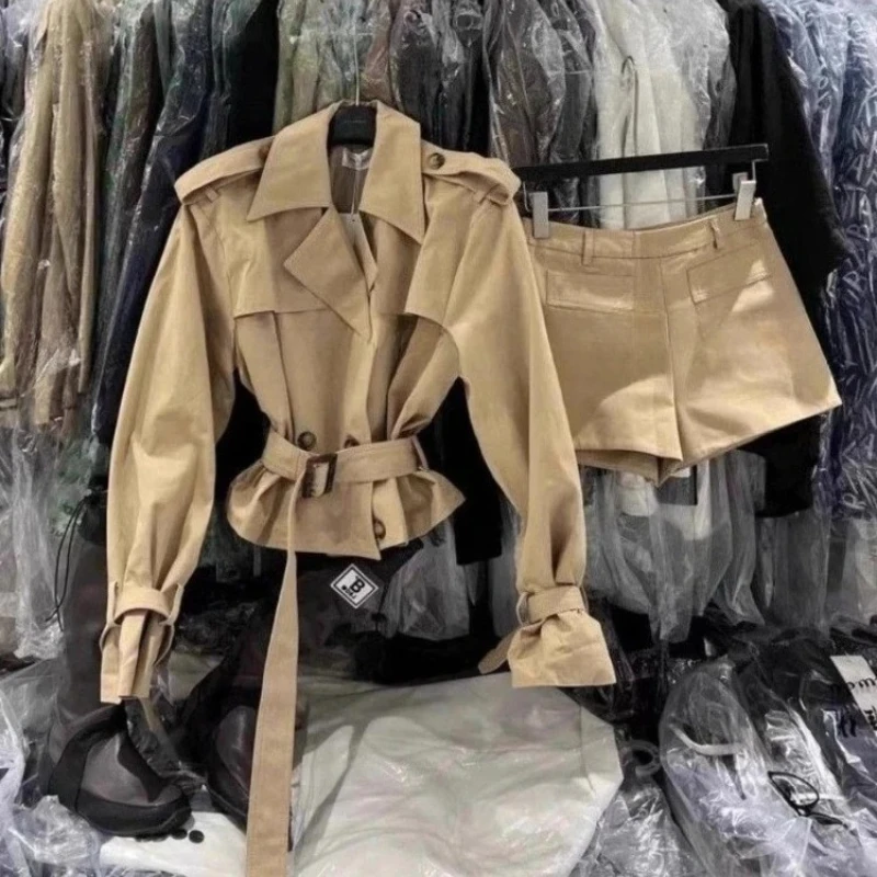 Y2k Langarm Graben Mantel Frauen + Vintage Hohe Taille Shorts Herbst Neue Zwei Stück Sets Crop Tops Frauen Casual streetwear 2025