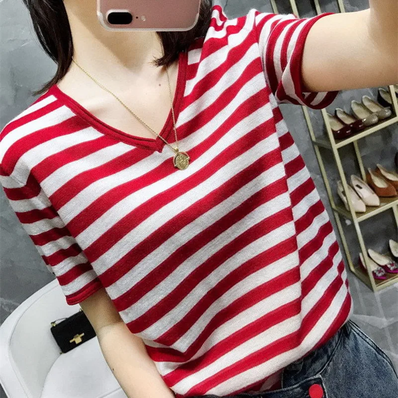 New Women's Striped Short Sleeve T-Shirts Women Streetwear Summer Cotton T-Shirts V-Neck Pullovers Vest Knit Casual Elegant Tops