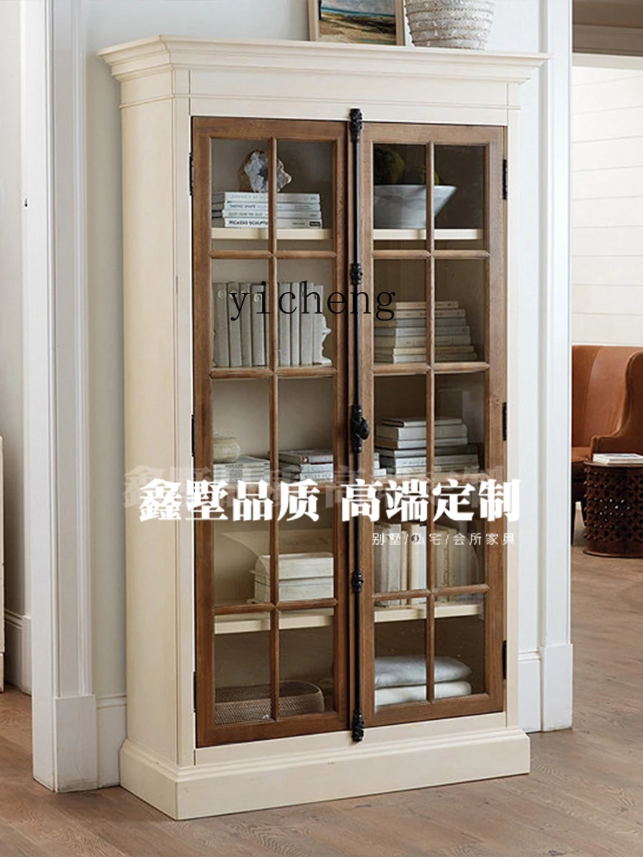 TQH retro solid wood floor-to-ceiling bookcase household glass door dust-proof locker contrasting color design integrated