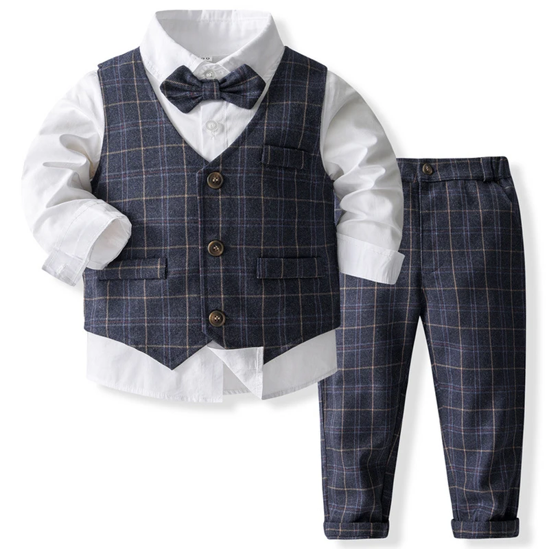 

4Piece Spring Autumn Kids Clothes Boys Outfit Set Korean Fashion Gentleman Plaid Vest+Shirt+Pants Baby Boutique Clothing BC1679