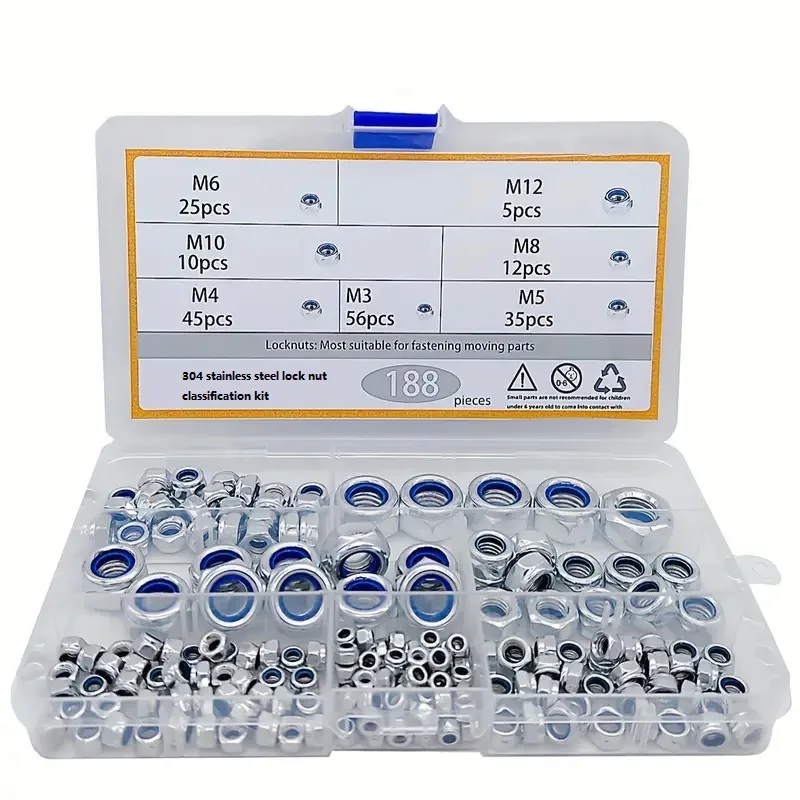 188Pcs Metric Nylon Insert Lock Nut Set 304 Stainless Steel M3-M12 Durable Fastening Tools for International Trade
