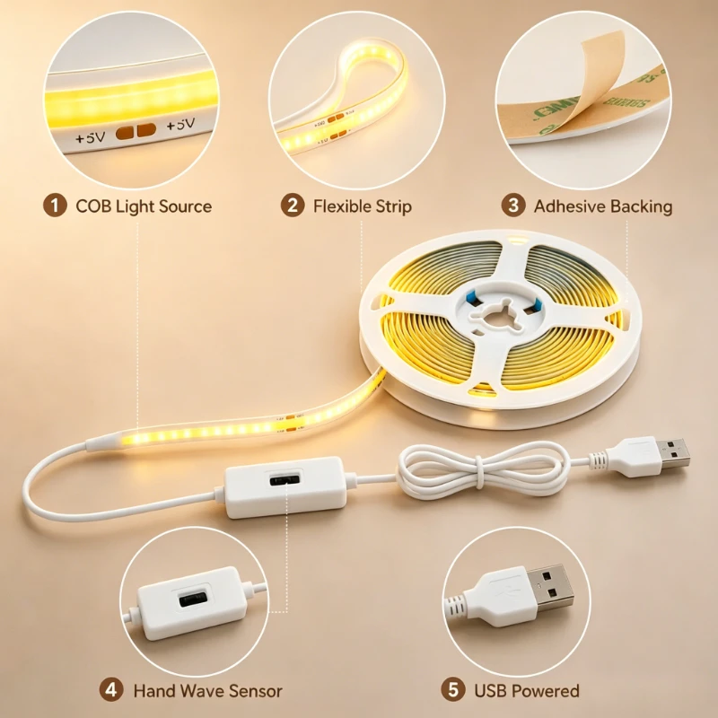 1M-5M USB-Powered LED Strip Light with Motion Sensor - Touchless Control, USB-Powered COB Lighting for Kitchen, Closet
