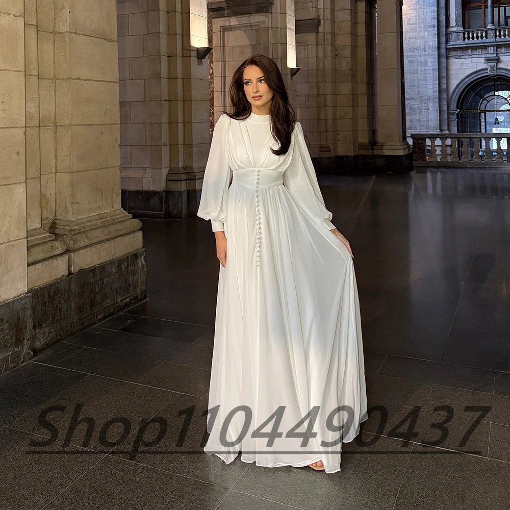 Dostosowane O-neck biała szyfonowa drapowana suknia wieczorowa ozdoba na guziki pełne rękawy ILLUSION linia A długość do podłogi na imprezę bal suknia