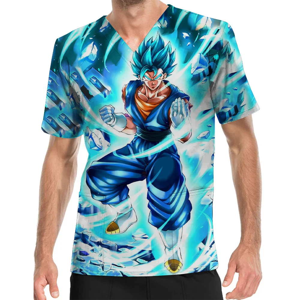 Durable Nursing Home Children's Center Nursing Clothes Men's Work Uniform V-Neck Print Scrub Top Goku Super Saiyan Top