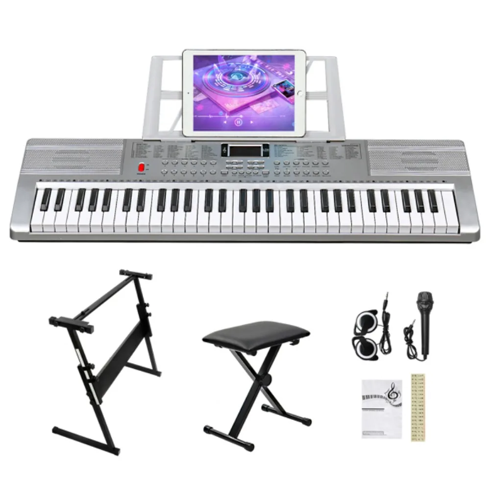 

61 Key Lighting Keyboard with Stand Piano Bench Built In Speakers Headphone Microphone Music Rest LED Screen 3 Teaching Modes