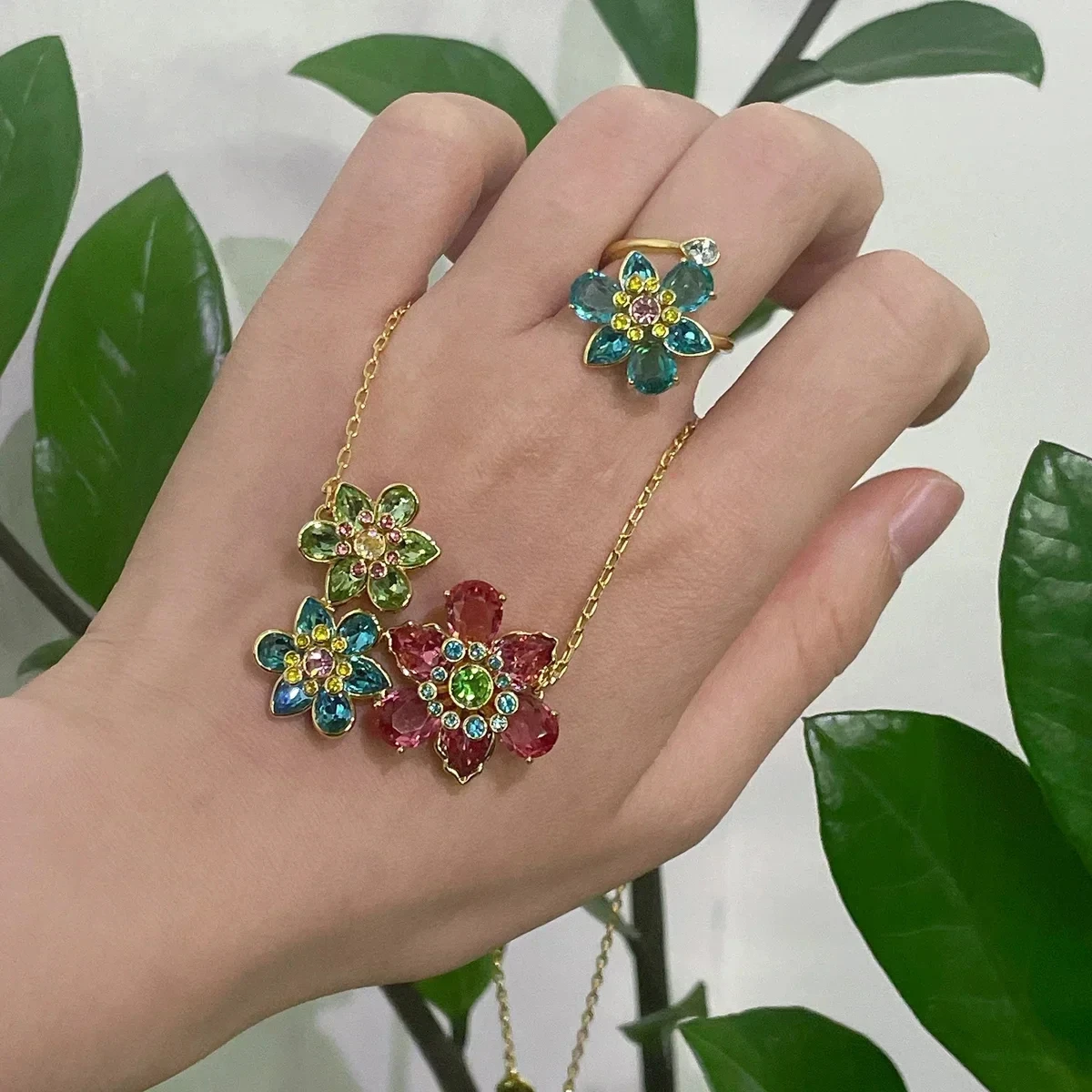 Original 2026 New Trend Fine Party Jewelry Set Charming Pink Blue Flower Crystal Fashion Luxury Necklace Ring Earrings for Women