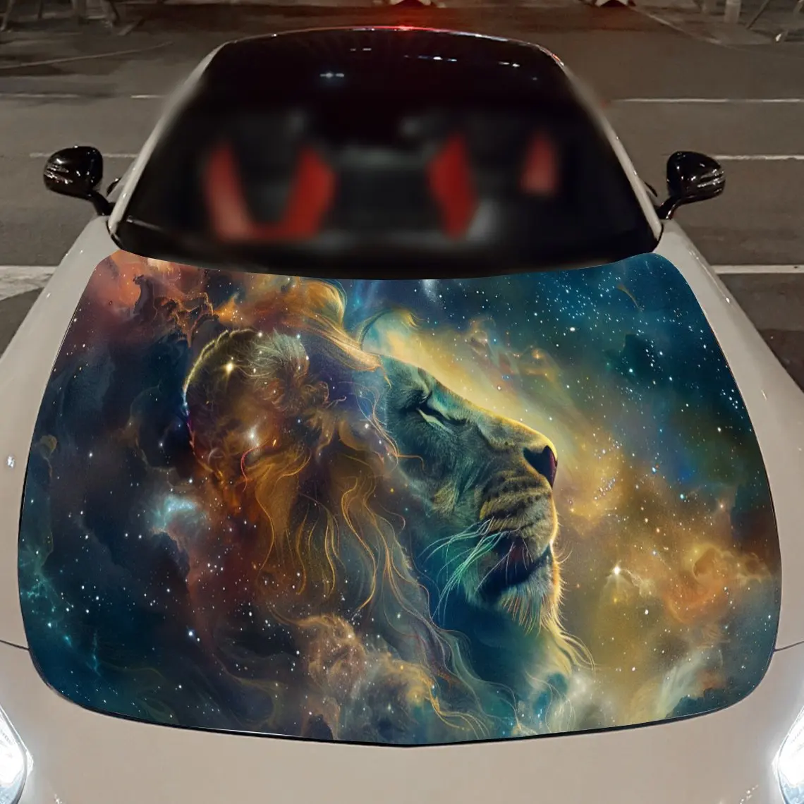 طباعة الأسد المرصعة بالنجوم السماء ، ملصقات غطاء محرك السيارة ، ملصق غطاء السيارة ذاتي اللصق PVC مقاوم للماء ، ملصقات حماية تزيين غطاء السيارة ، AU #3