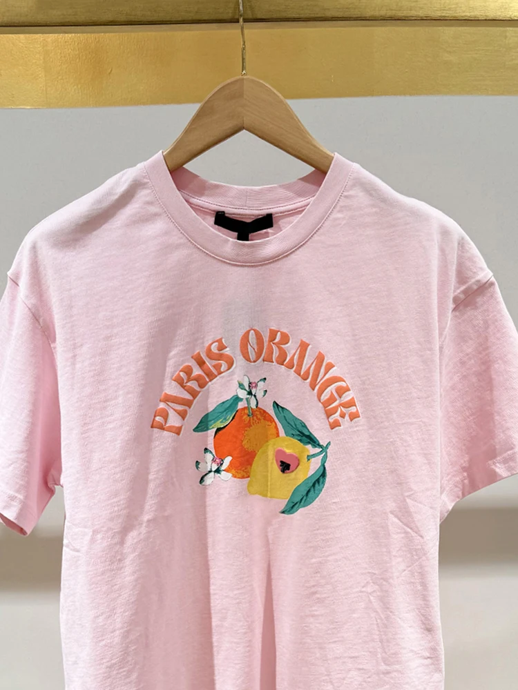 M Home South Oil الراقية المرأة Faion صيف 2025 ort Sve القطن الخالص الفاكهة تي شيرت مطبوع قمة العصرية تخفيف Sle