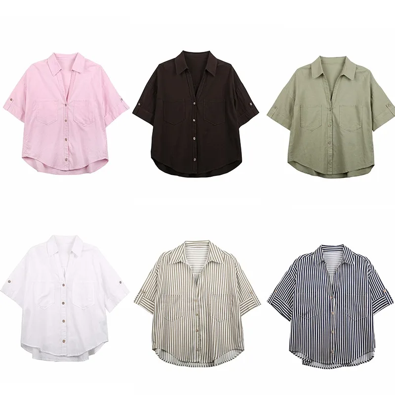 

Linen Shirt Women's Blouse Shirts Female Boho Chic Woman Short Sleeve Top Elegant Oversized Tops 2025 Striped Hawaiian