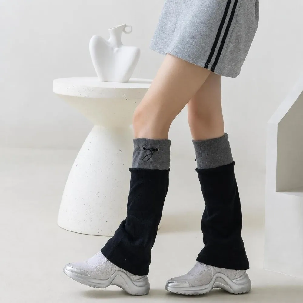 1 pair Harajuku Middle Tube Leg Warmers Gray Spliced Adjustable Buckle Foot Cover Breathable Drawstring Closure Boot Cuffs Women