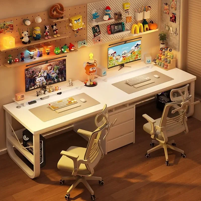 Double Computer Desk Long Desktop Home Office Workbench Bedroom E-sports Gaming Table for Two Side by Side with Cable