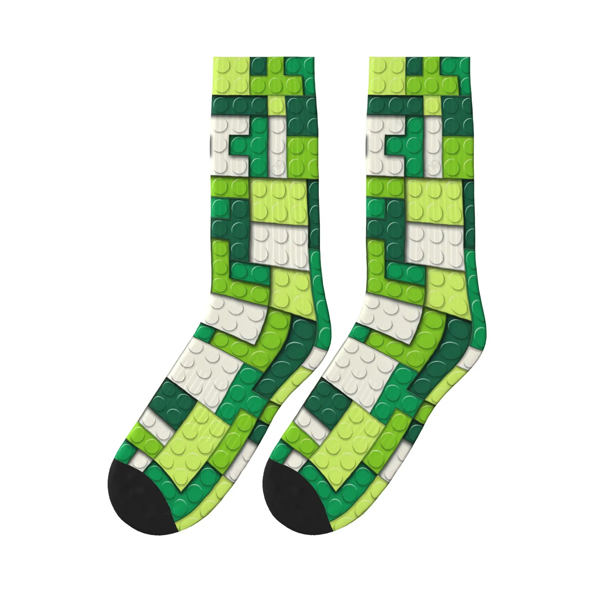 Adults Men Socks Green Gradient Building Blocks Pattern Stockings Anti Slip Medium Socks Winter Leisure Pattern Running Socks