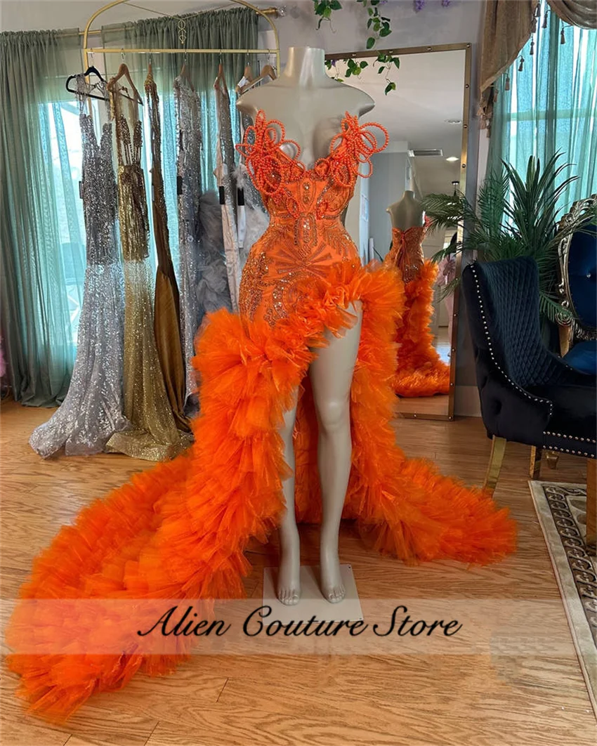 Exquisite Orange Long Prom Dress 2024 Luxury Birthday Dress Crystal Rhinestones Beading Split Ruffle Elegant Party Gown