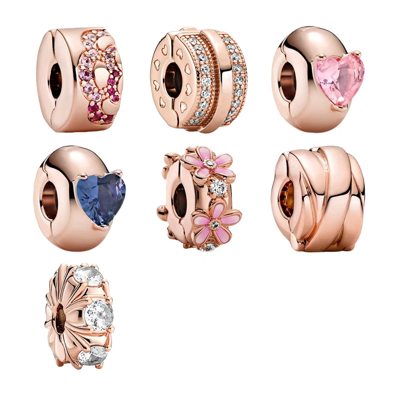 Rose Gold Clips Charms Beads For Bracelets Women DIY Jewelry Making Pink Fan Lines Heart Solitaire Daisy Flower Ribbons Trinkets