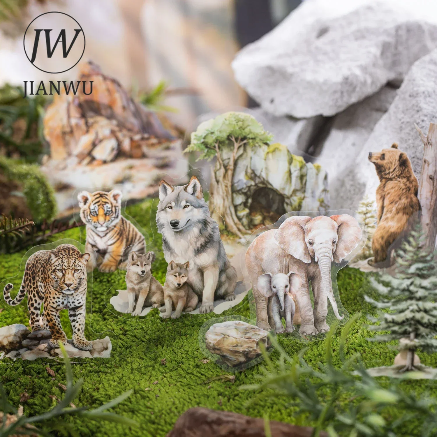 JIANWU Jungle Firece Beasts Series Vintage bosque Animal paisaje Material Collage PET pegatina creativa DIY diario papelería