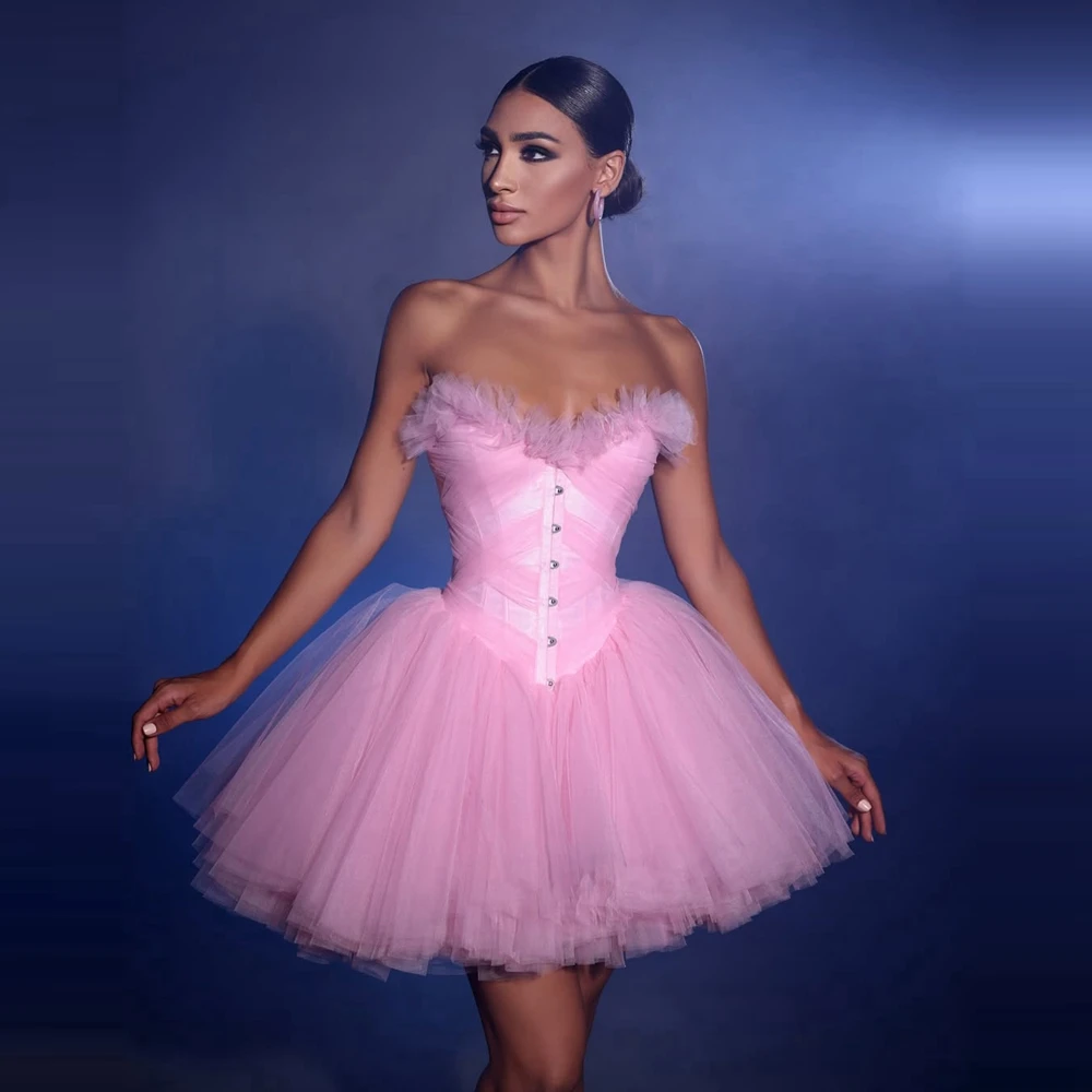 Bonito sem alças tule brithday vestido de festa inchado babados em camadas malha vestidos de baile querida botão mini vestidos de cocktail ﻿