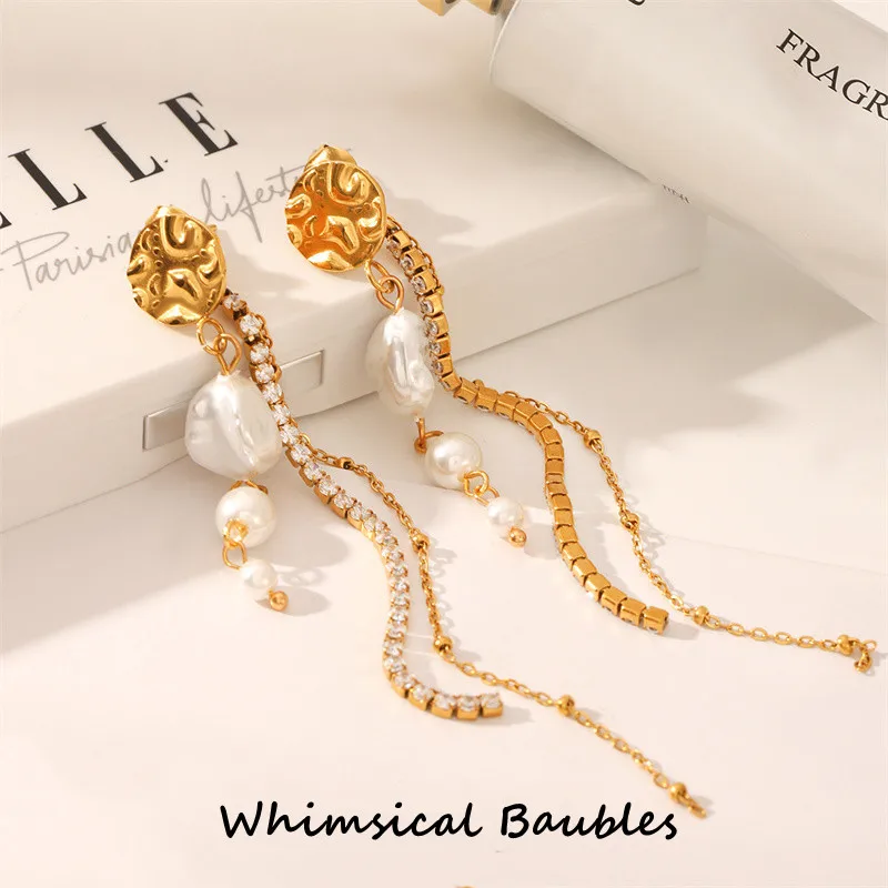 

New Arrival Natural Pearl Zircon Chain Pendant Earrings Trendy Stainless Steel Tassel Drop Earrings for Women Jewelry Gift