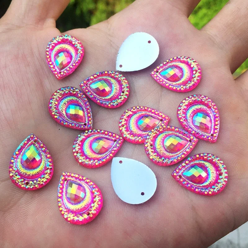 40pcs Peacock eye AB Resin 13*18mm DIY beads Flatback rhinestone applique scrapbook DIY 2 Hole buttons ornaments -HB25