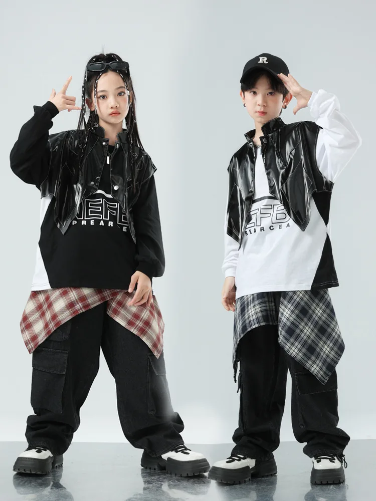 

Kid Hip Hop Clothing Black Bat Vest Sweatshirt Top Casual Multi Pocket Jeans Cargo Pants for Girl Boy Jazz Dance Costume Clothes